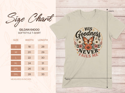 Gildan 64000 softstyle t-shirt size chart with butterfly graphic.