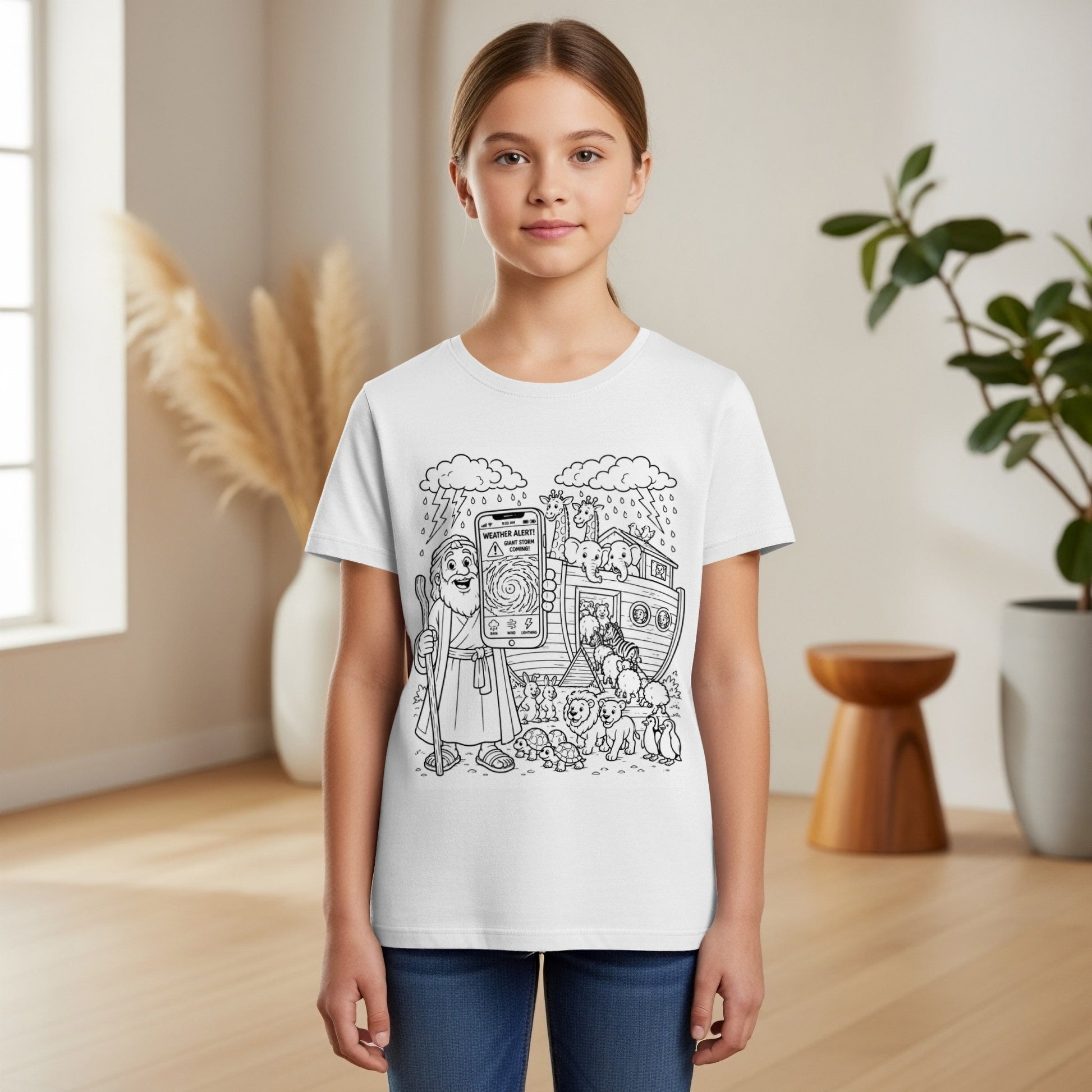 Child wearing a white t-shirt with Noah's Ark cartoon and storm clouds.
