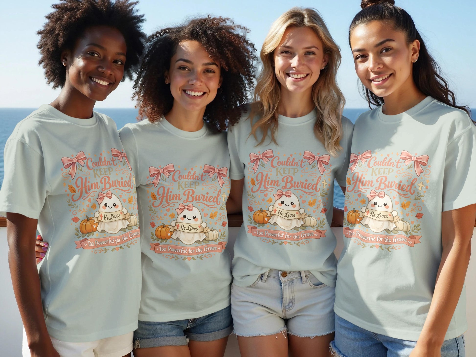 Four women wear light blue t-shirts with a Halloween design of a ghost, pumpkins, and text.