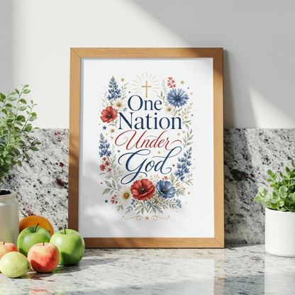 Framed artwork with "One Nation Under God" text and patriotic floral design.