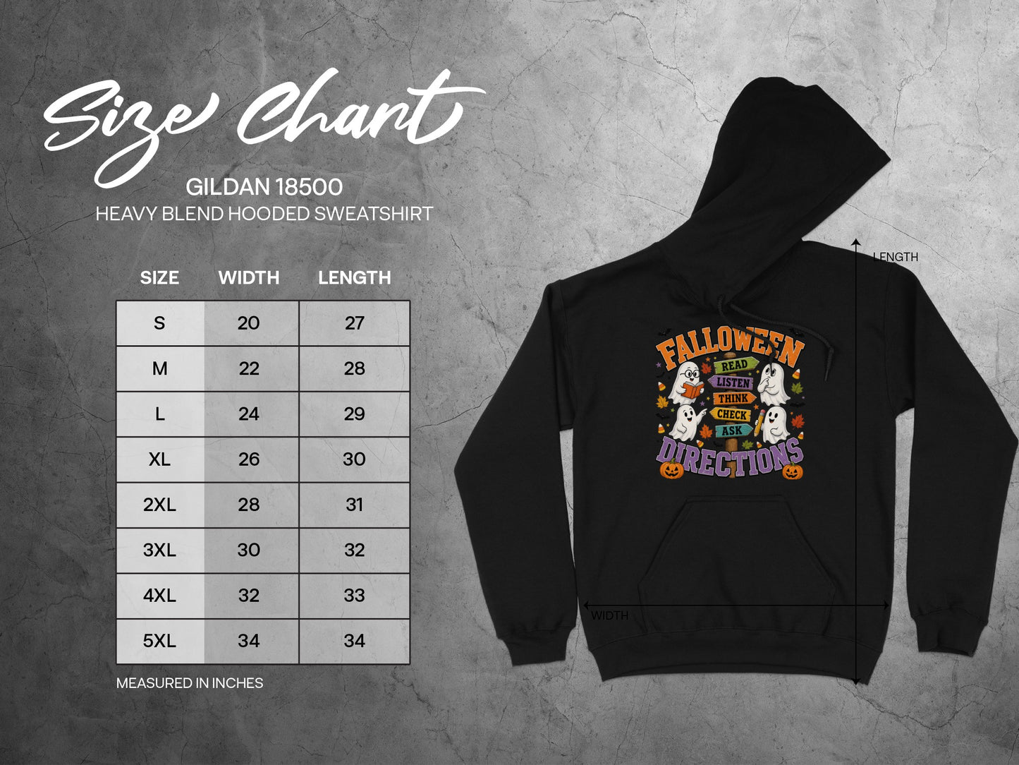 Gildan 18500 size chart with width and length measurements for hooded sweatshirts.