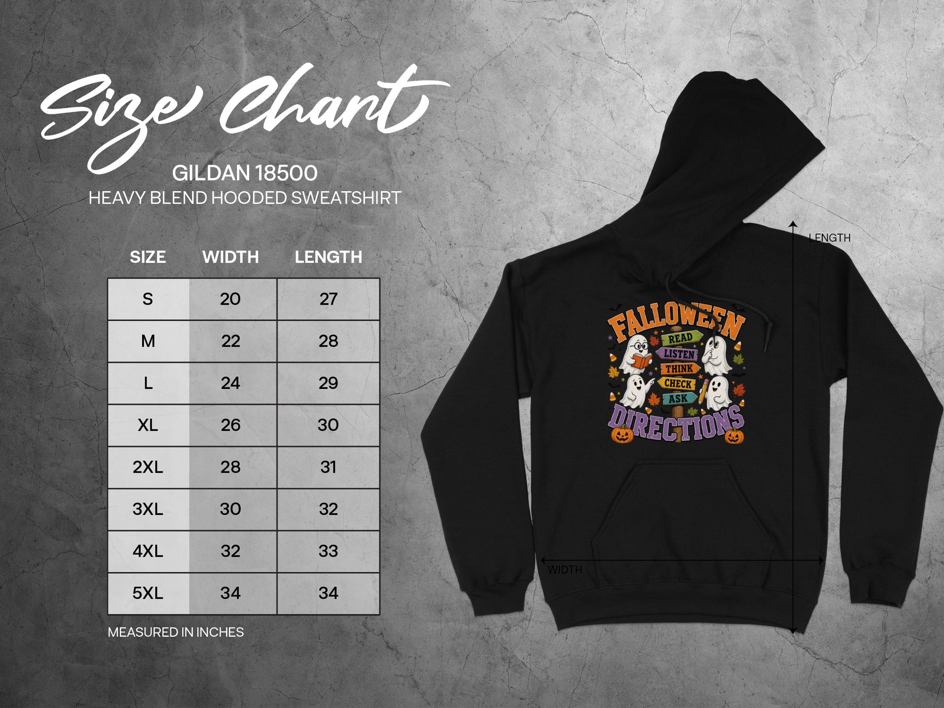 Gildan 18500 size chart with width and length measurements for hooded sweatshirts.
