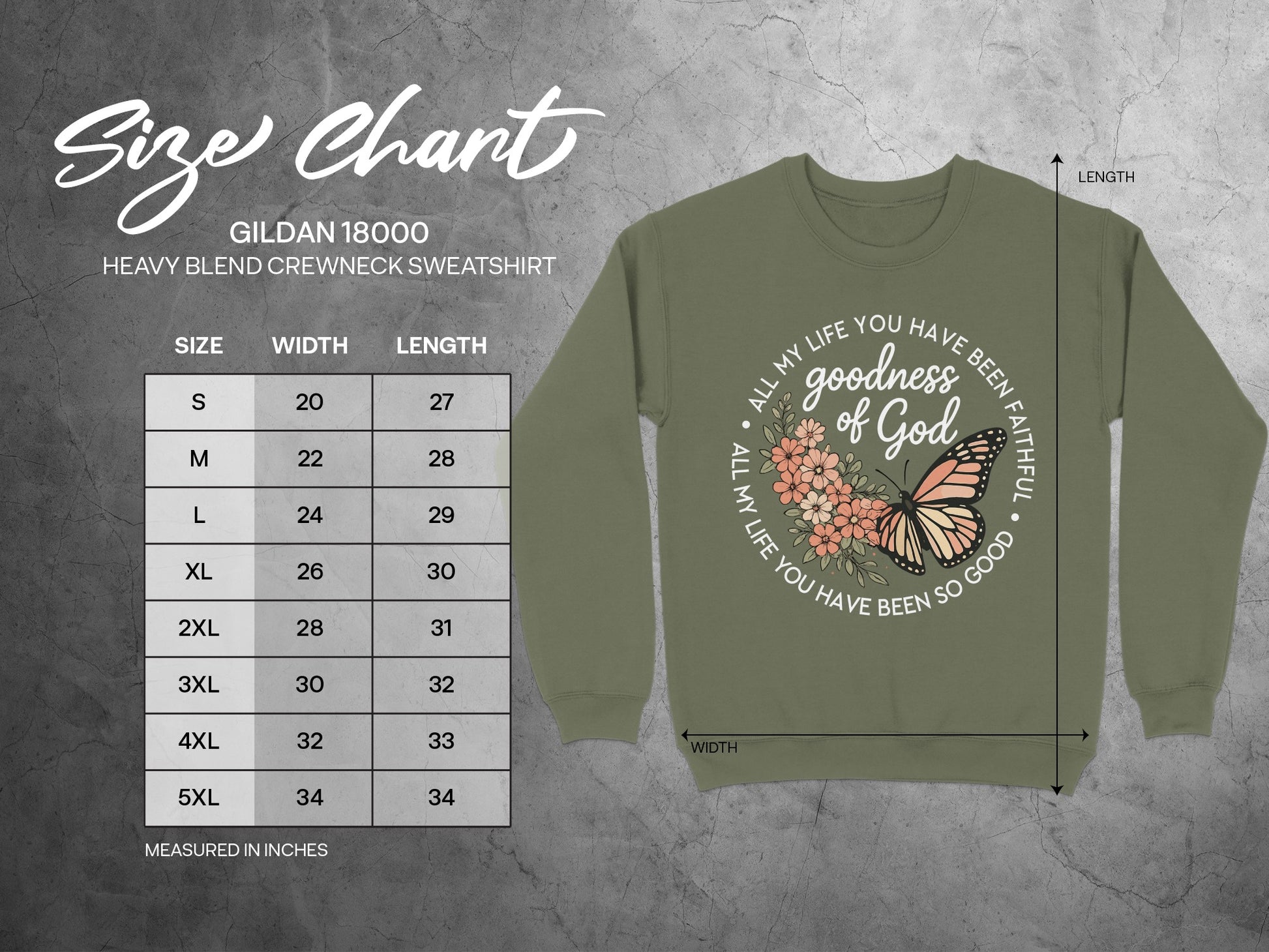 Gildan 18000 size chart with sweatshirt graphic and measurements.