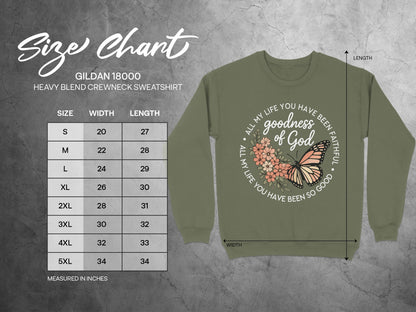Gildan 18000 size chart with sweatshirt graphic and measurements.