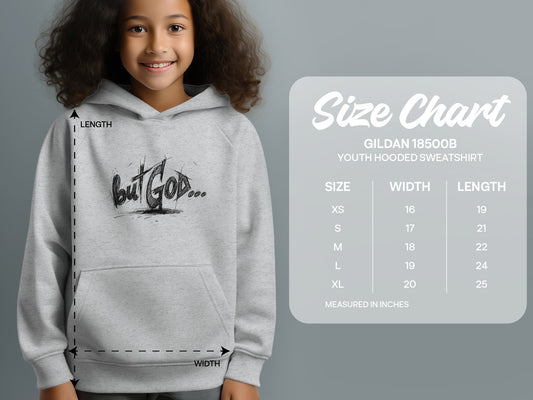 Gildan 18500B youth hooded sweatshirt size chart with measurements in inches.