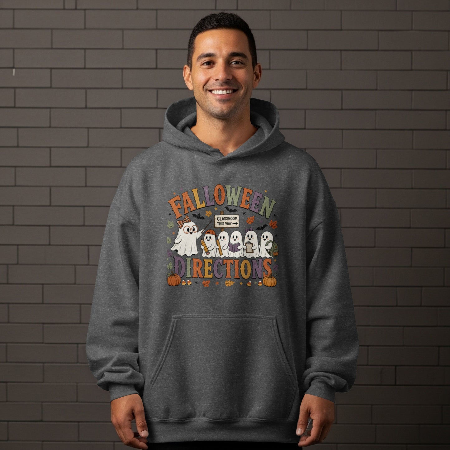 Gray hoodie with "Falloween Directions" and classroom ghosts graphic.