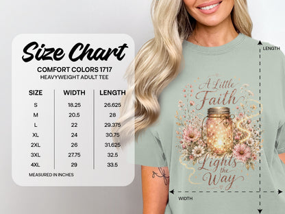 Comfort Colors 1717 heavyweight t-shirt size chart with graphic.