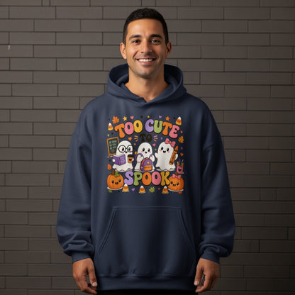Navy hoodie with "Too Cute To Spook" graphic featuring ghosts, pumpkins, and school supplies.
