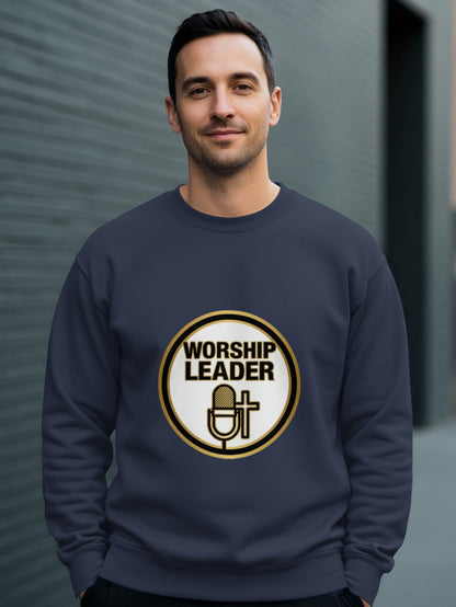 Man wearing a navy sweatshirt with a "Worship Leader" logo featuring a microphone and cross.