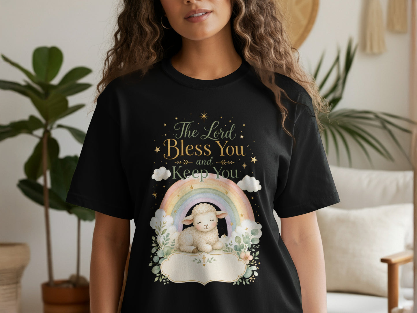 Black t-shirt with a sheep, rainbow, and "The Lord Bless You and Keep You" text.