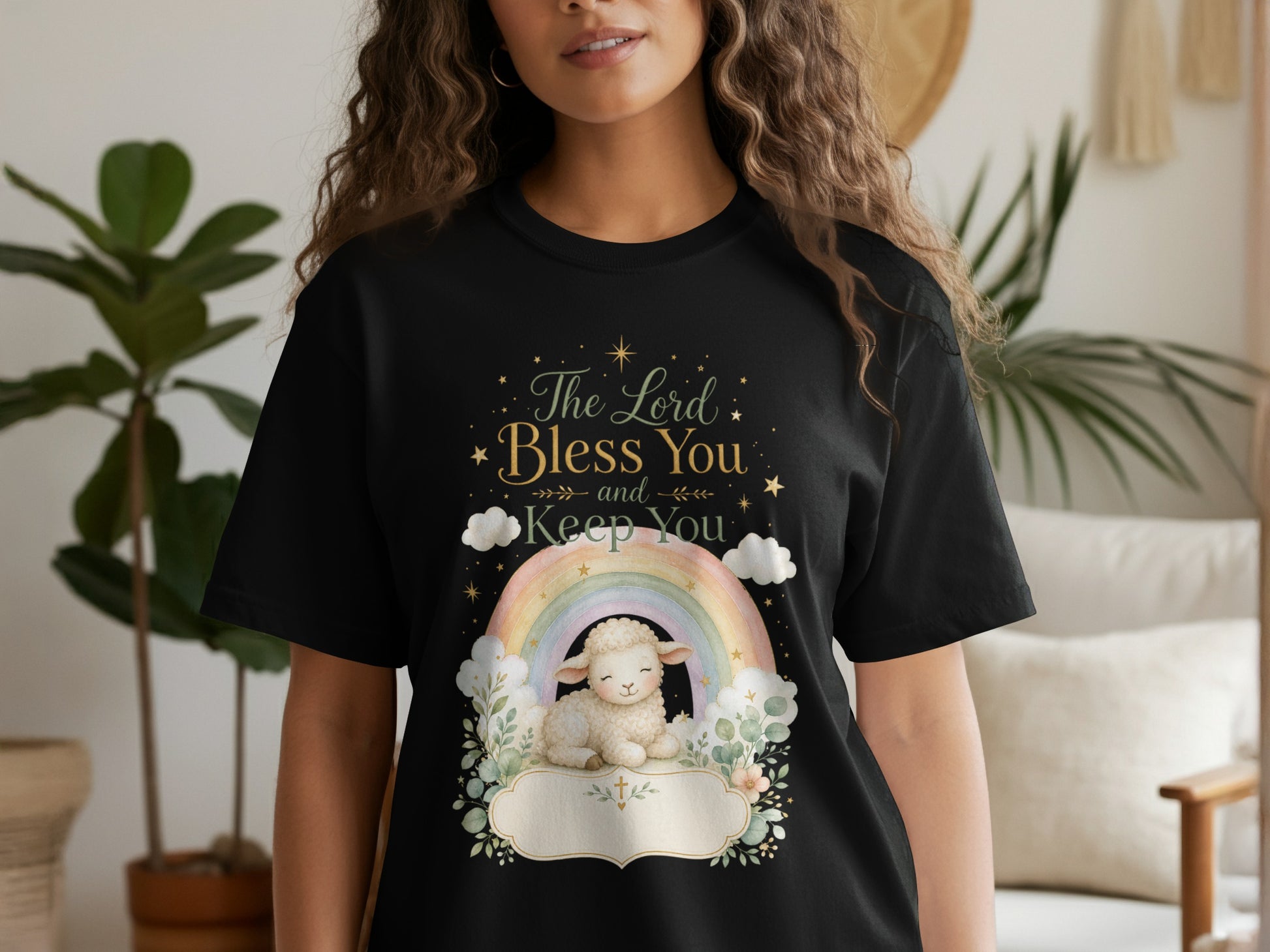 Black t-shirt with a sheep, rainbow, and "The Lord Bless You and Keep You" text.