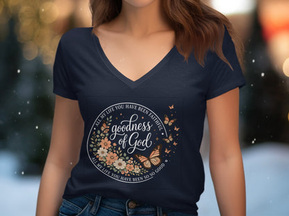 Navy v-neck t-shirt with "Goodness of God" text and floral design.