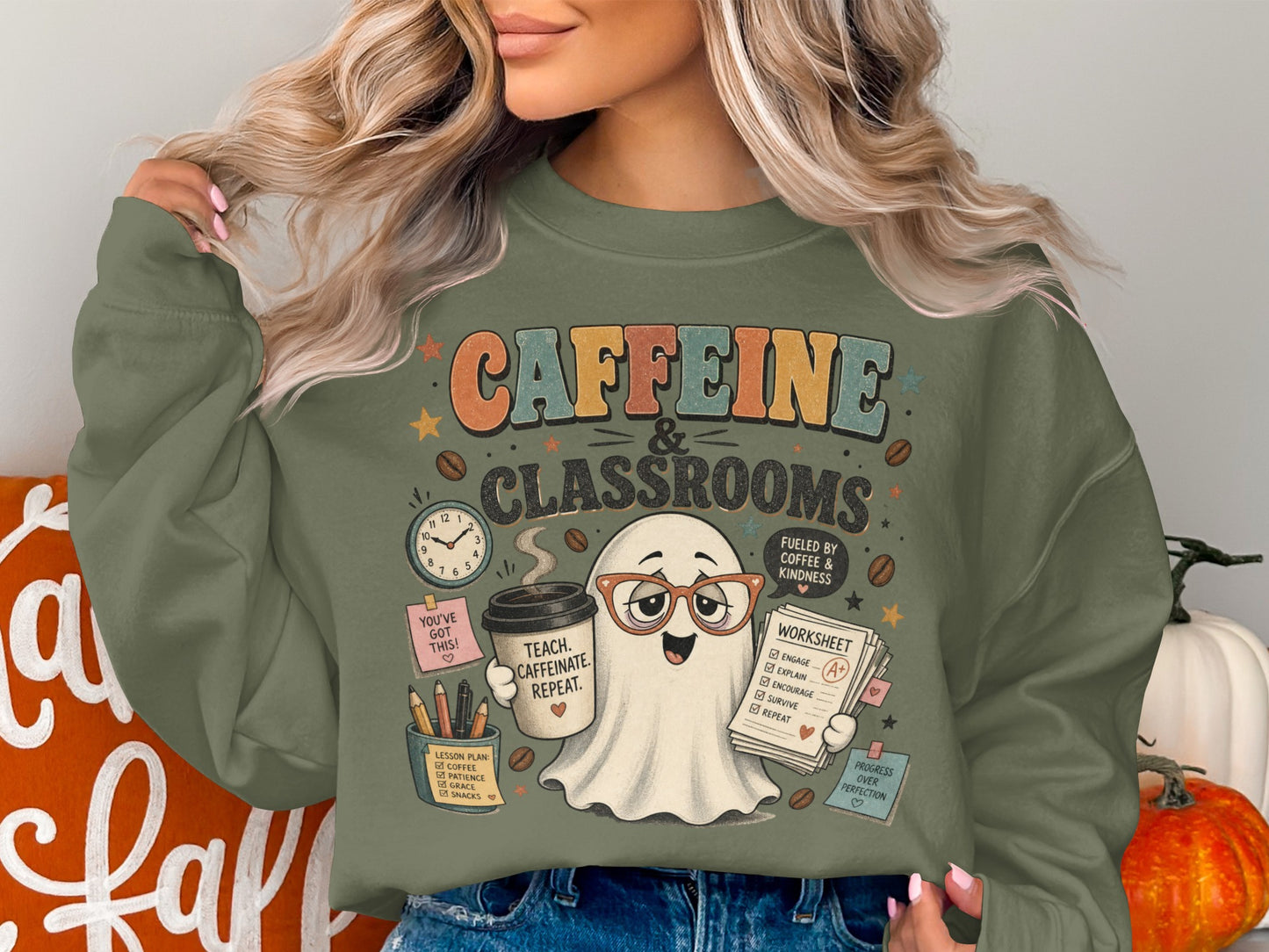 Ghost in glasses holds coffee and worksheets, text reads "Caffeine & Classrooms."