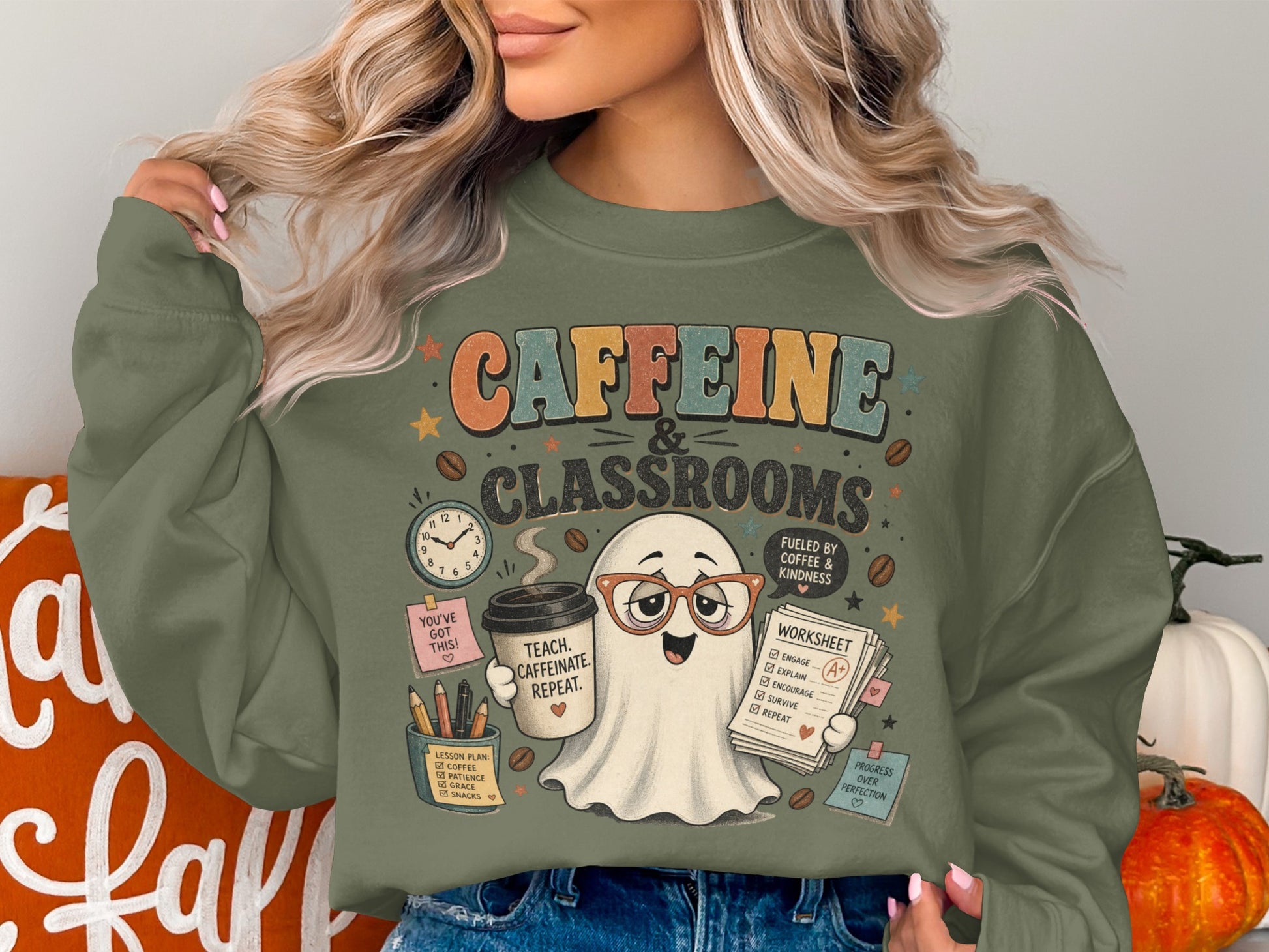 Ghost in glasses holds coffee and worksheets, text reads "Caffeine & Classrooms."
