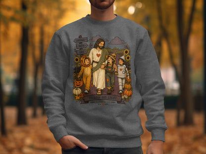 Jesus in lion costume walks with two children in sunflower field.