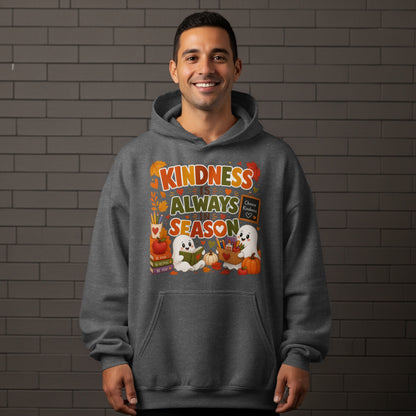 "Kindness Is Always In Season" text with ghosts and fall imagery on a gray hoodie.
