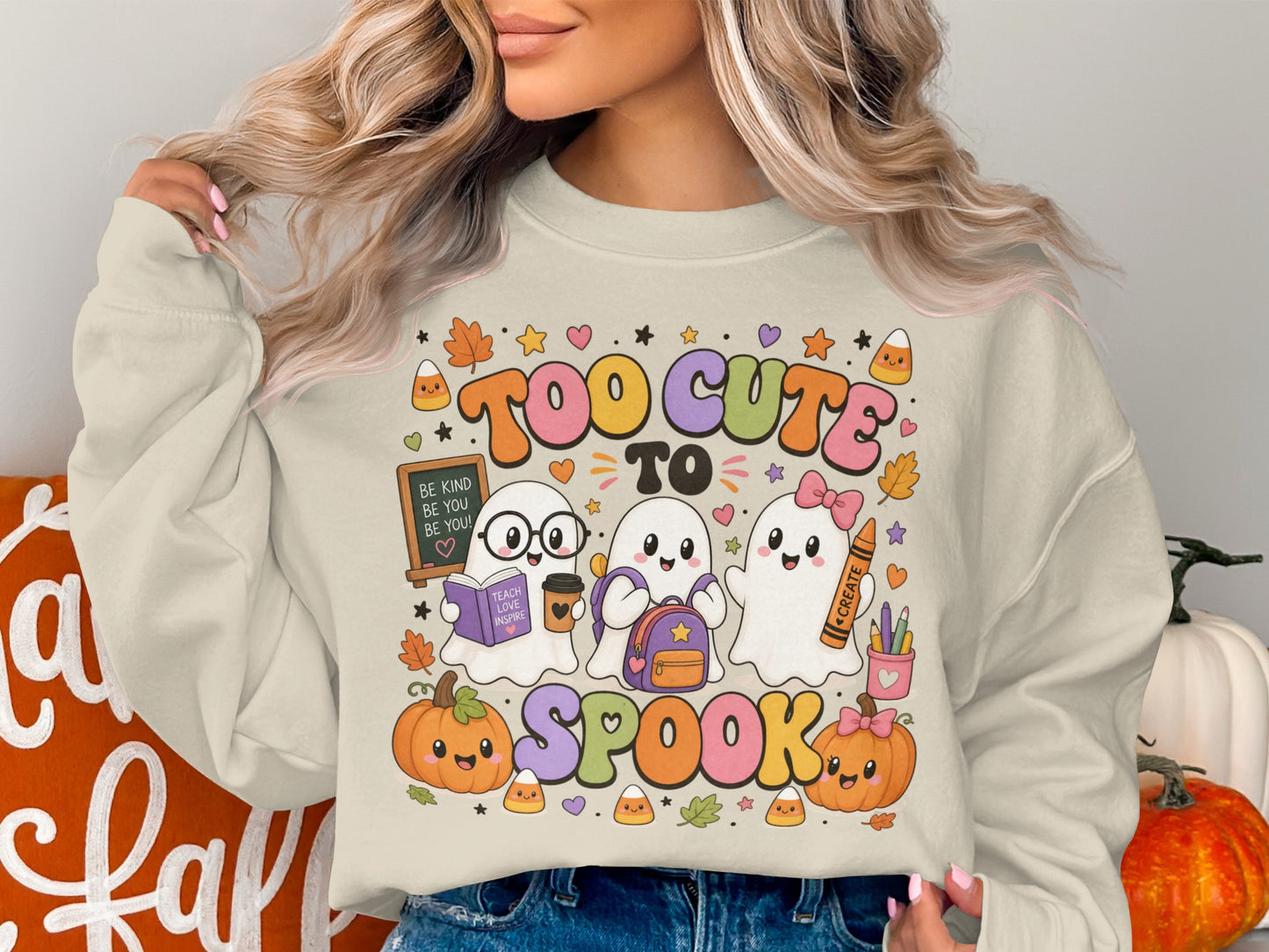 "Too Cute To Spook" graphic on sweatshirt with three ghosts, pumpkins, and fall leaves.