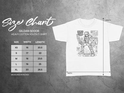 Gildan 5000B youth t-shirt size chart with measurements for XS, S, M, L, XL.