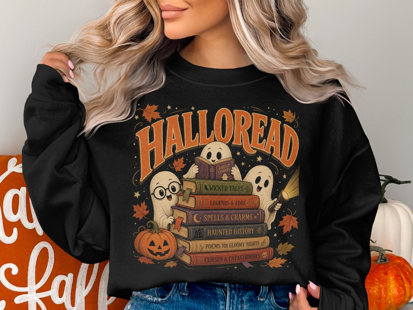 Halloween ghosts reading books that say "Halloread" with fall leaves.