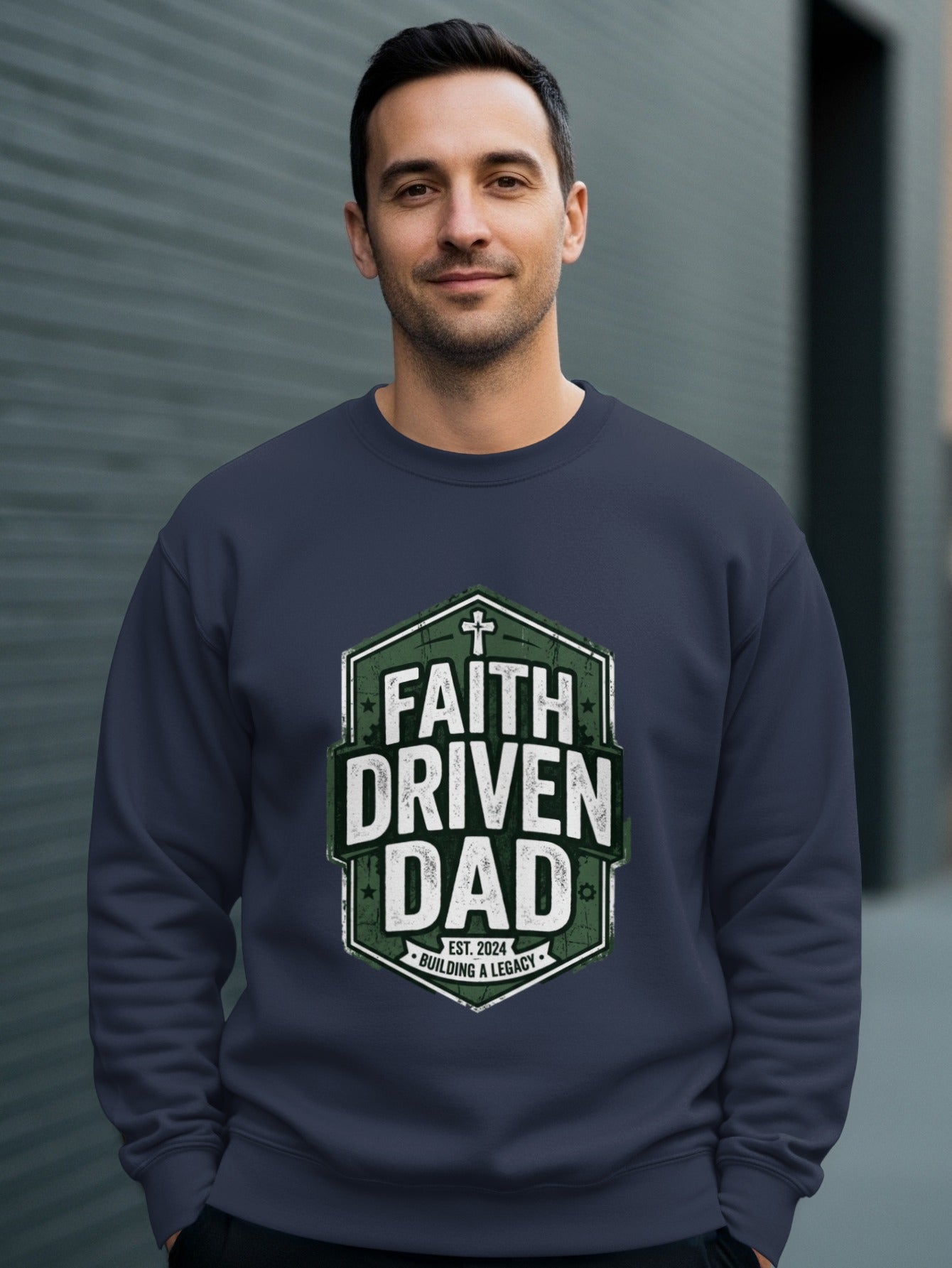 Navy sweatshirt with "Faith Driven Dad" text and cross design.