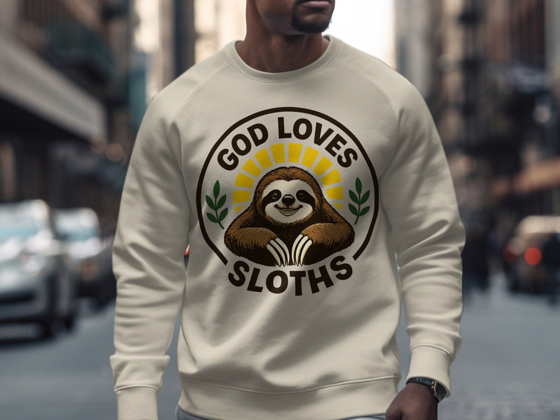 Cream sweatshirt with "God Loves Sloths" circular graphic featuring a smiling sloth.
