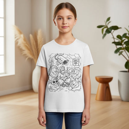 Child in white t-shirt with cartoon lions and Daniel in a cave, "Smile! God's camera" text.