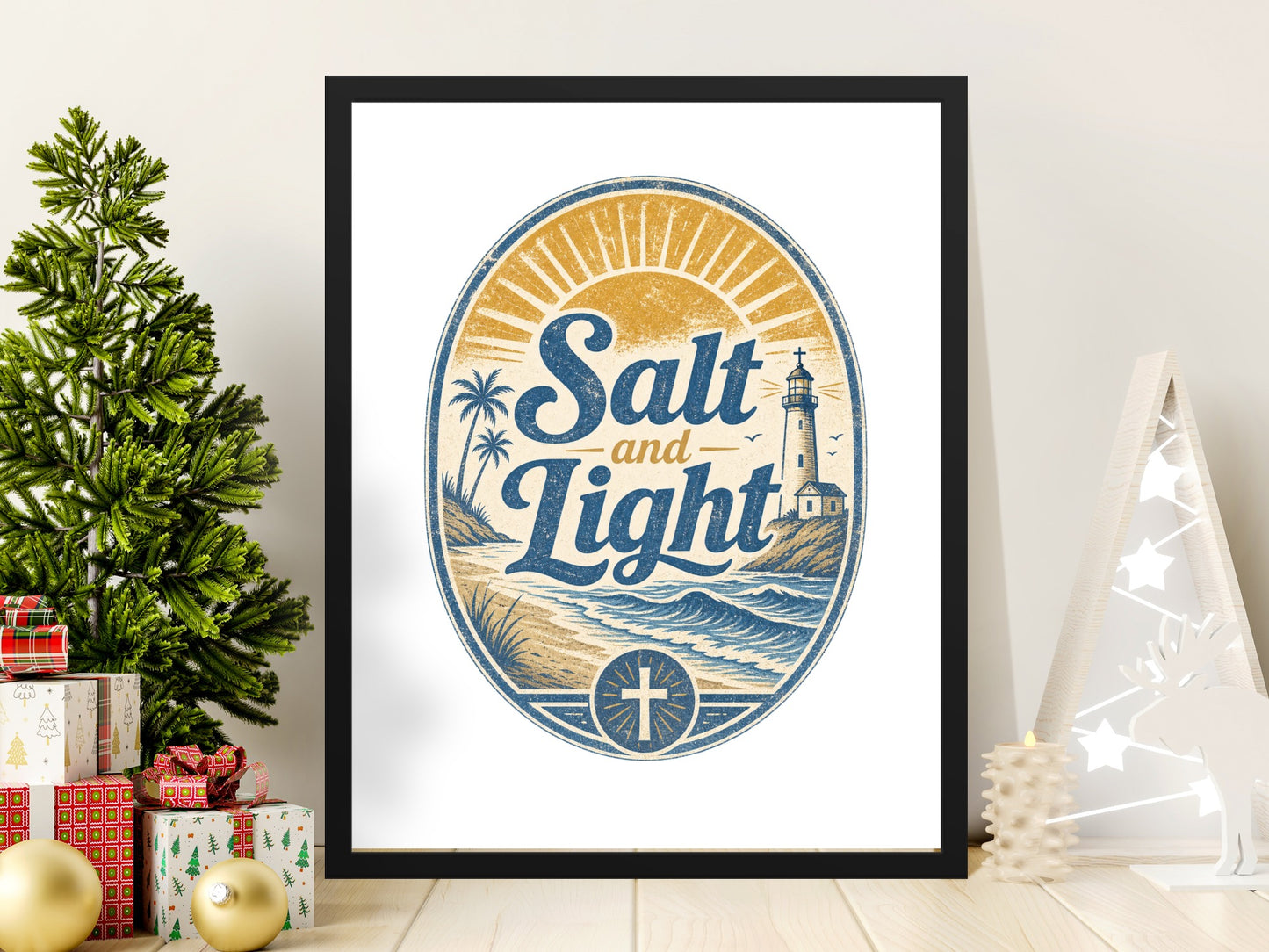 Framed artwork with "Salt and Light" over a coastal scene with a lighthouse.