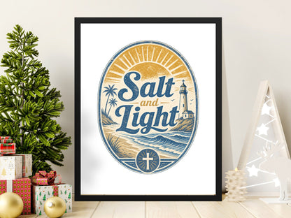 Framed artwork with "Salt and Light" over a coastal scene with a lighthouse.