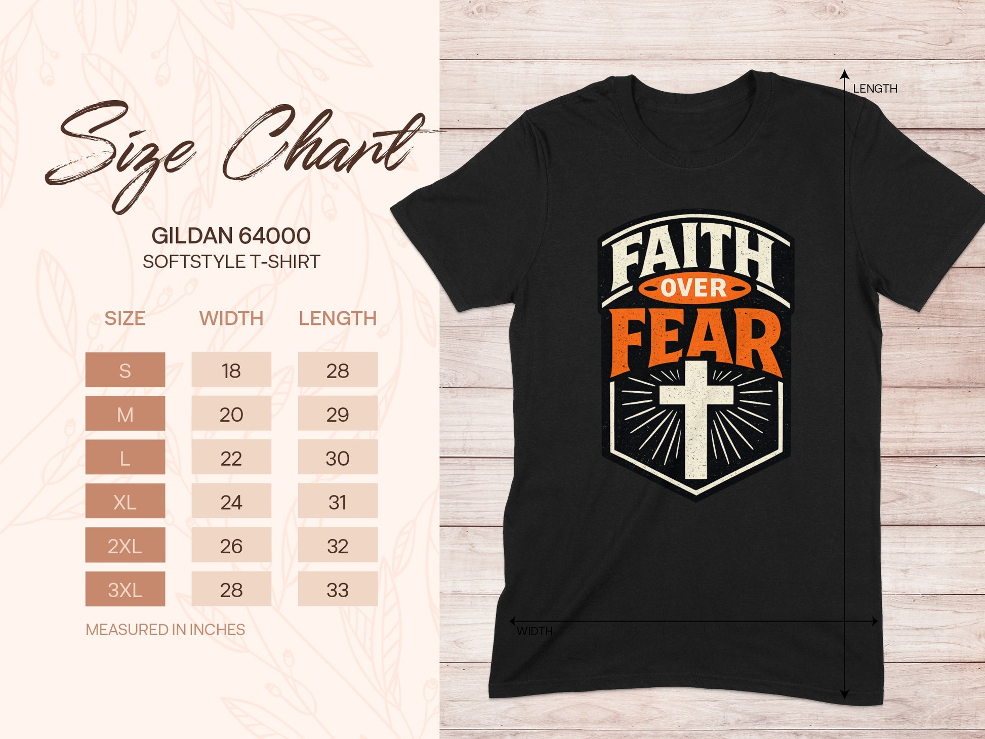 Gildan 64000 softstyle t-shirt size chart with Faith Over Fear graphic.