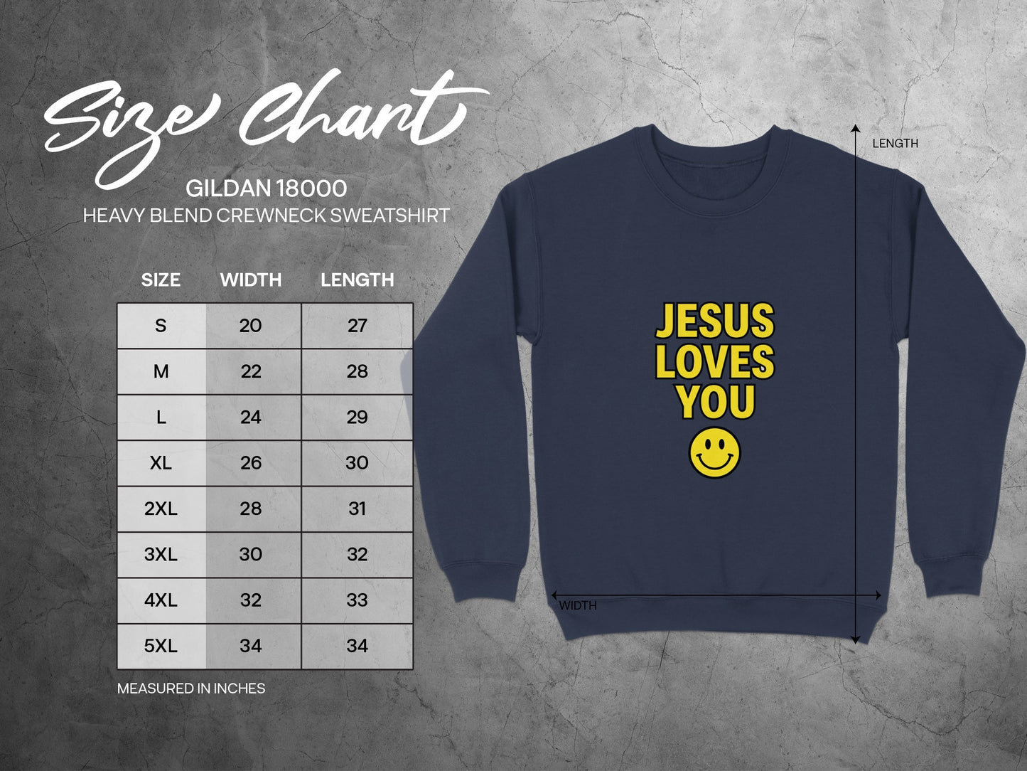 Size chart for navy sweatshirt with "Jesus Loves You" graphic.