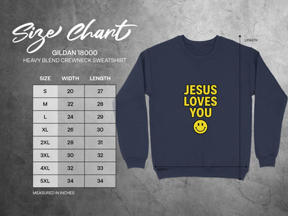 Size chart for navy sweatshirt with "Jesus Loves You" graphic.