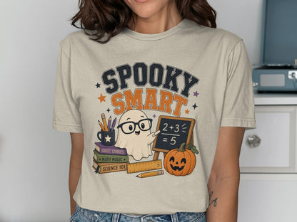 Ghost teaching math with "Spooky Smart" text, books, pumpkin, and school supplies.