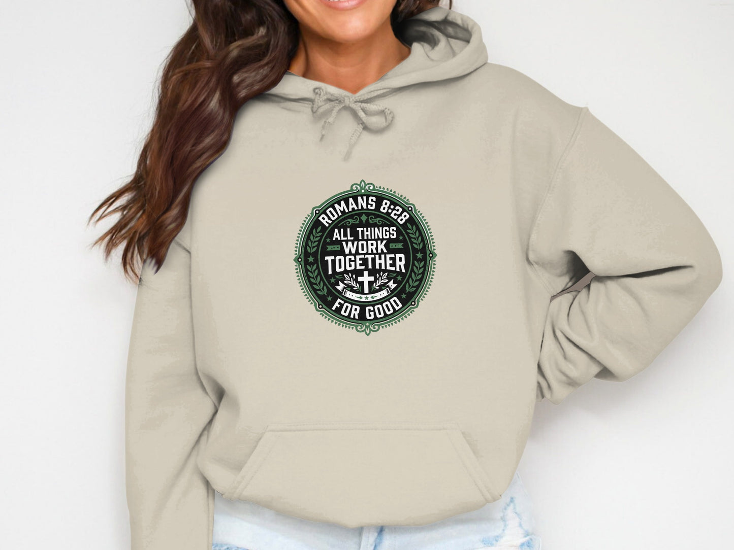 Beige hoodie with "Romans 8:28 All Things Work Together For Good" text and cross.