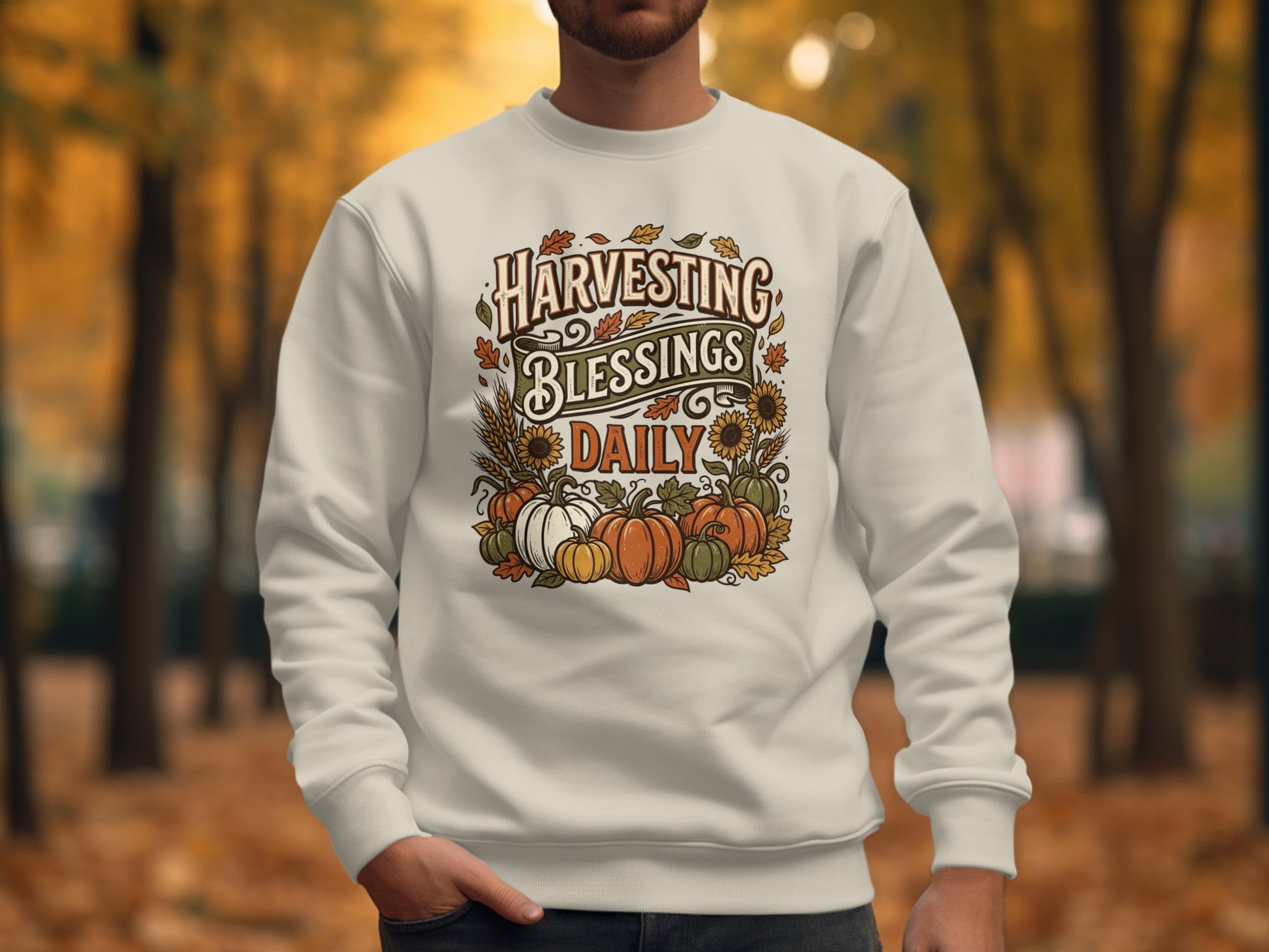 Sweatshirt with "Harvesting Blessings Daily" text and autumn pumpkins and sunflowers.