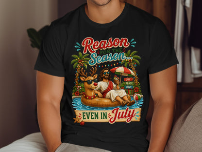 Jesus on an inner tube with sunglasses, reading "Reason for the Season Even in July".