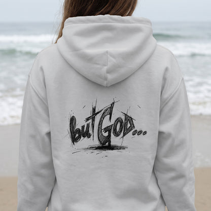 White hoodie with "but GOD..." text graphic on the back.