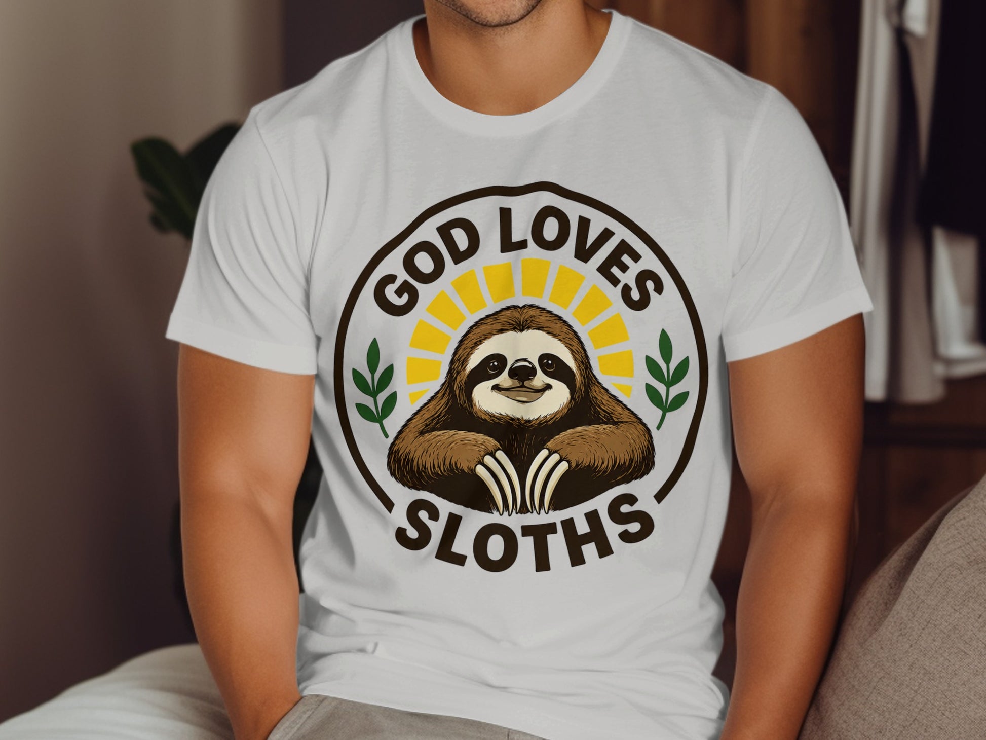 T-shirt with "God Loves Sloths" text and a smiling sloth.