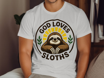 T-shirt with "God Loves Sloths" text and a smiling sloth.