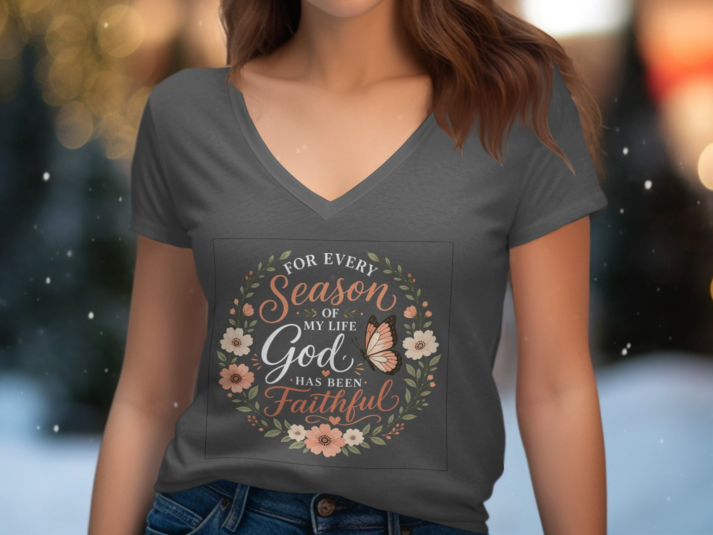 Dark gray v-neck t-shirt with "For Every Season of My Life, God Has Been Faithful" graphic.
