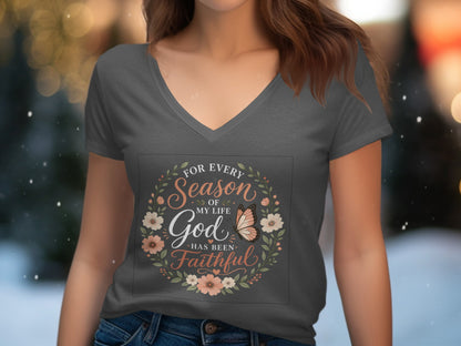 Dark gray v-neck t-shirt with "For Every Season of My Life, God Has Been Faithful" graphic.