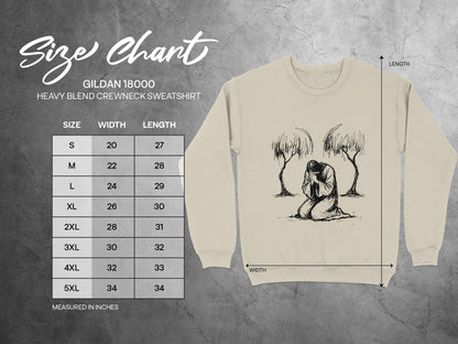 Gildan 18000 size chart for heavy blend crewneck sweatshirt.
