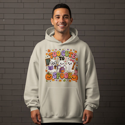 Cream hoodie with "Too Cute To Spook" and three ghost graphics.