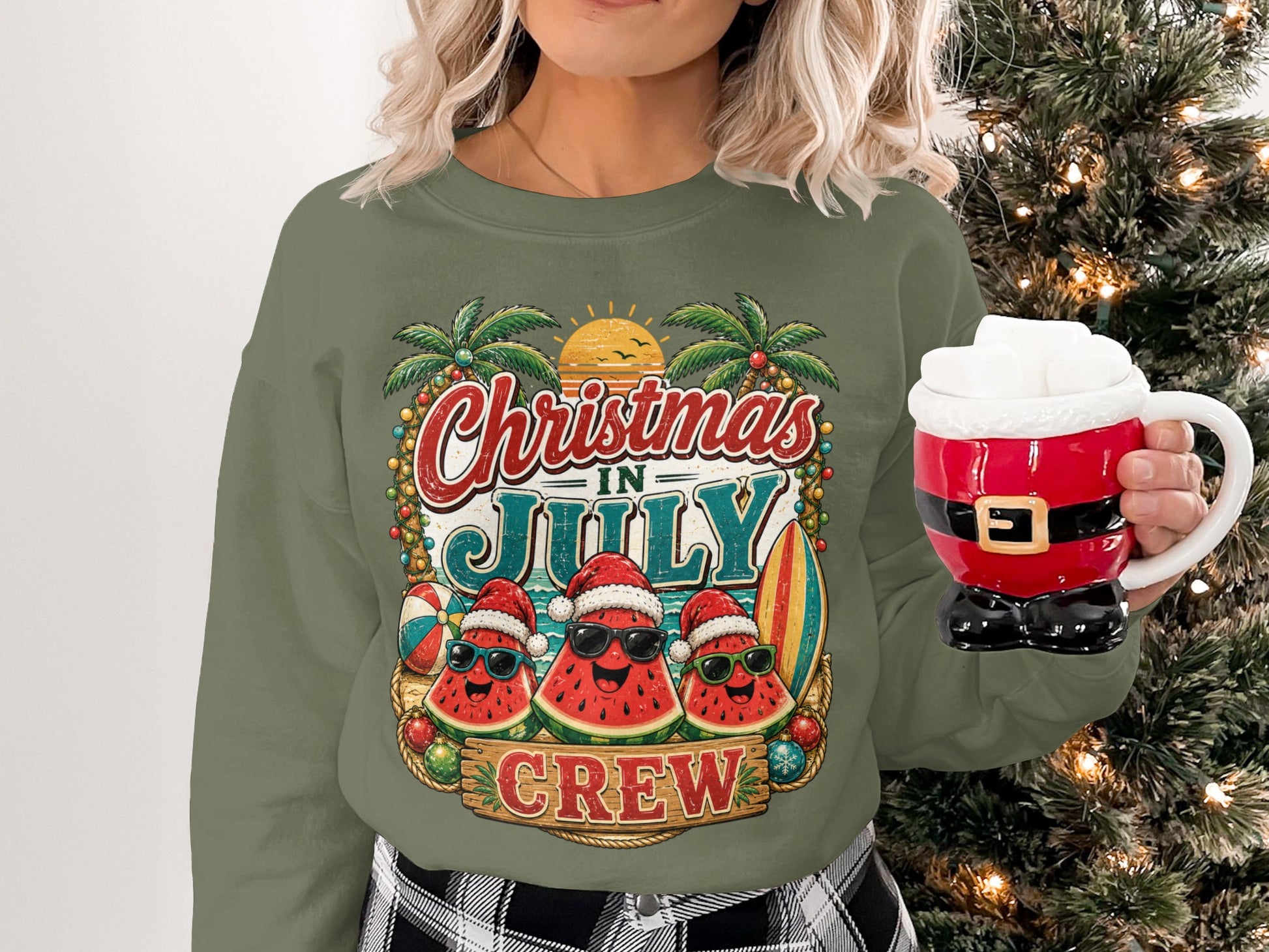 Christmas in July crew sweatshirt with sunglasses-wearing watermelons and palm trees.