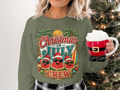 Christmas in July crew sweatshirt with sunglasses-wearing watermelons and palm trees.