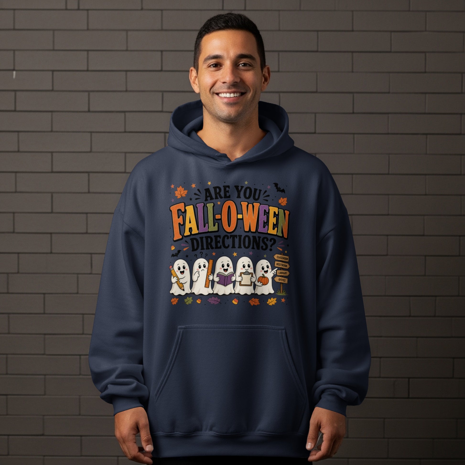 Navy hoodie with "Are you Fall-o-ween directions?" graphic featuring ghosts.