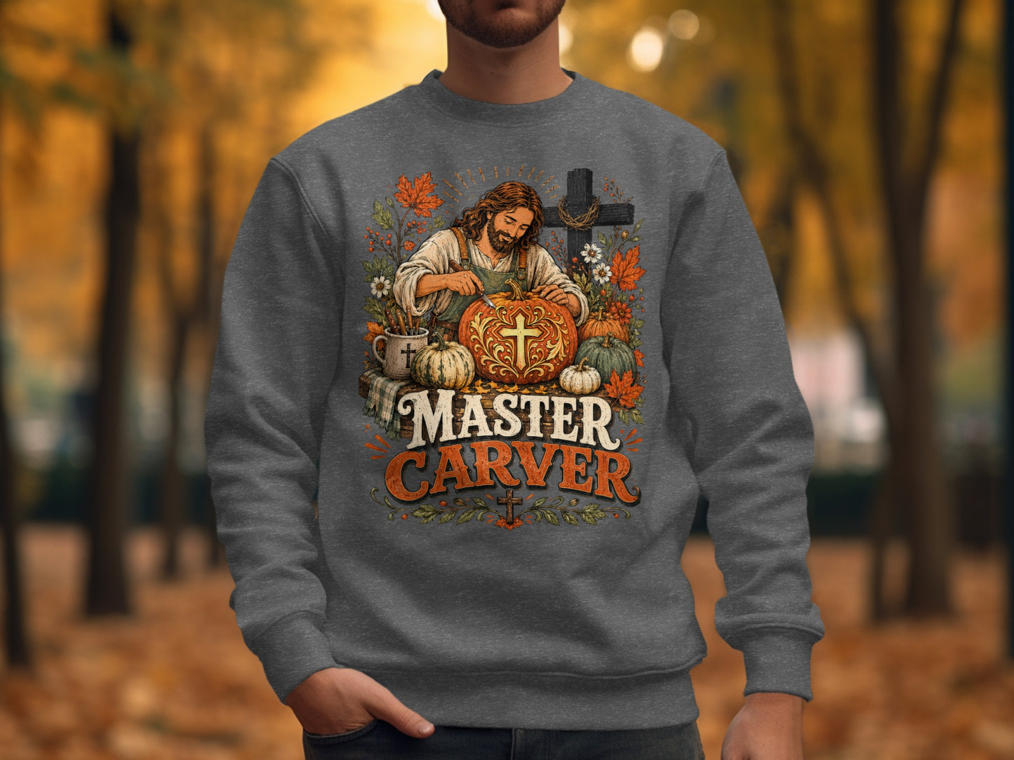 Jesus carving a pumpkin with the text "Master Carver" and fall accents.
