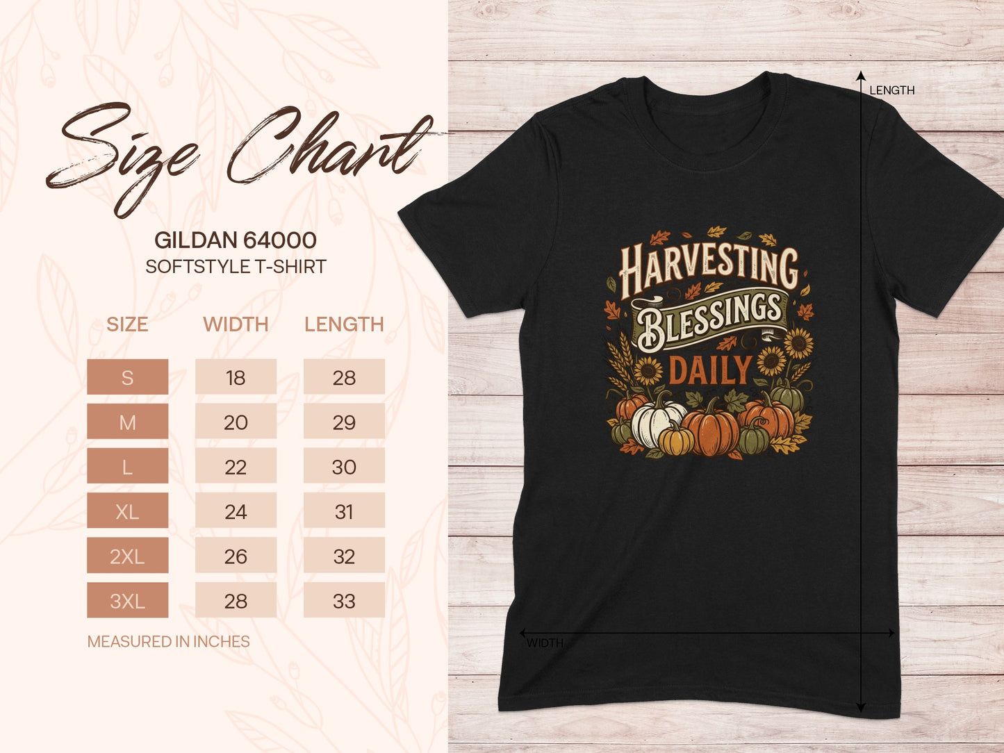 Gildan 64000 Softstyle t-shirt size chart with measurements and "Harvesting Blessings Daily" graphic.