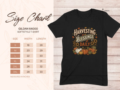 Gildan 64000 Softstyle t-shirt size chart with measurements and "Harvesting Blessings Daily" graphic.