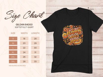 Gildan 64000 size chart for "Jesus loves you" t-shirt, listing sizes S-3XL with width and length measurements.