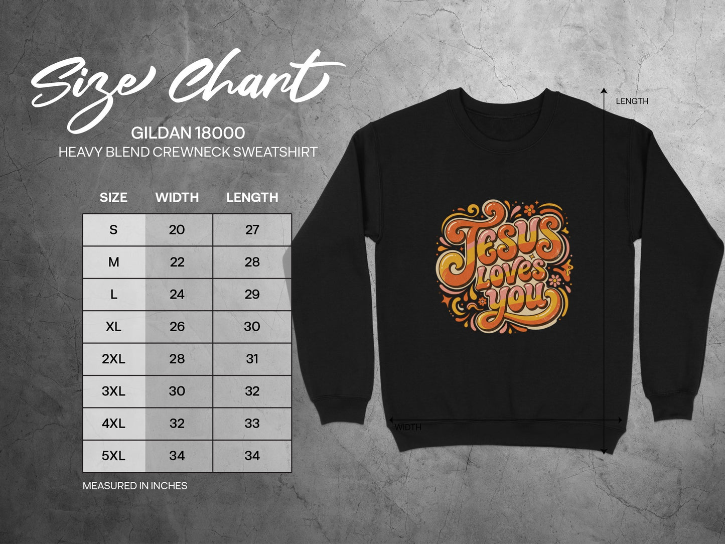 Gildan 18000 sweatshirt size chart with width and length measurements.
